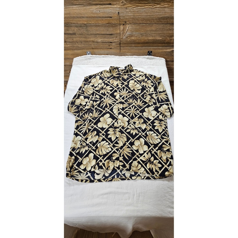 Pierre Cardin Mens Rayon Tropical Bamboo Floral Button Down Shirt Black Tan XL